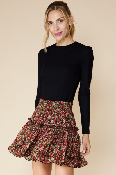 Black print ruffle outlet skirt