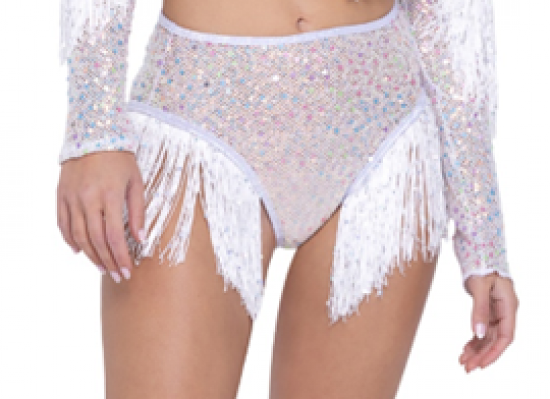 Sequin Fishnet High Waisted Shorts with Fringe Detail White
