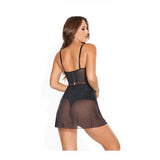 Scallop Stretch Lace & Sheer Mesh Babydoll with HW Thong - Black -