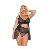 Scallop Stretch Lace & Sheer Mesh Babydoll with HW Thong - Black -