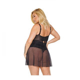 Scallop Stretch Lace & Sheer Mesh Babydoll with HW Thong - Black -