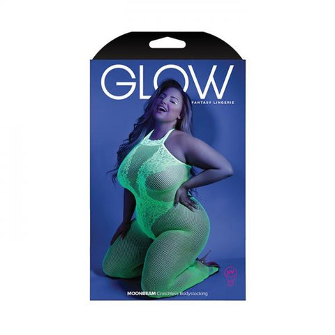 Glow Black Light Crotchless Bodystocking - Neon Green - Queen