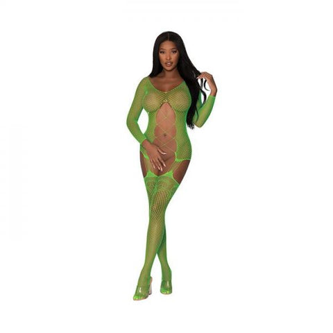 Seamless Fishnet Gartered Catsuit - Lime - One Size