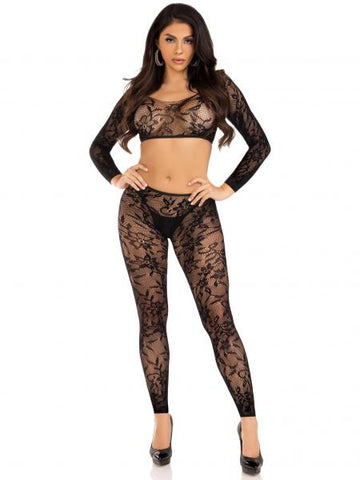 Two Piece Seamless Chantilly Lace Crop Top and Footless Tights - Black - One Size