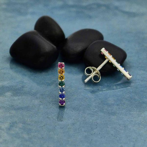 Rainbow Bar Post Earrings 13x2 mm - Sterling Silver