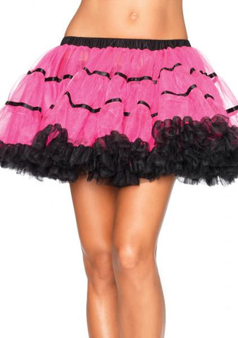 Layered Satin Striped Tulle Petticoat Skirt - Neon Pink/Black - One Size