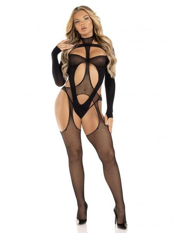 Cheat Code Suspender Bodystocking and Teddy Set - Black - One Size