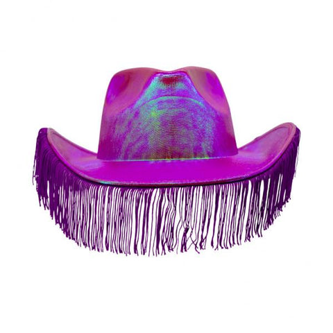 Metallic Cowboy Hat with Fringes - Fuchsia