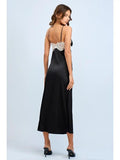 Solid Color Satin Sleeveless Lace Trim Midi Dress - Black -