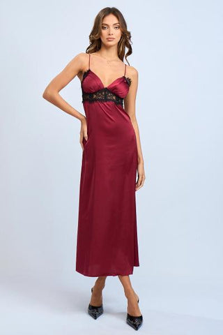 Solid Color Satin Sleeveless Lace Trim Midi Dress - Jujube -