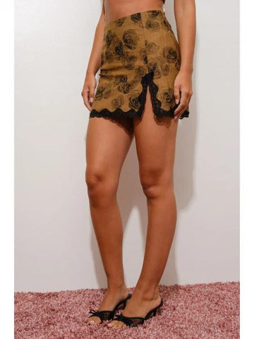 Contrast Lace Rose Print Mini Skirt - Brown -