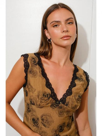 Lace Trim Rose Print Top - Brown -
