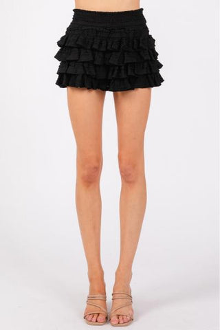 Textured Knit Ruffle Tiered Skort - Black -