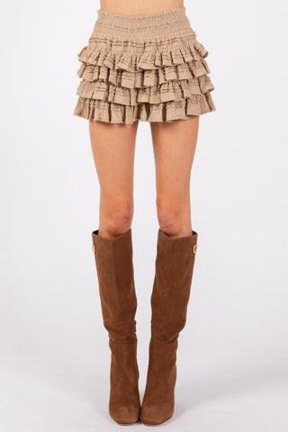 Textured Knit Ruffle Tiered Skort - Taupe -
