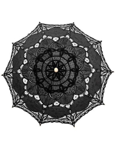 Embroidered Cotton Lace Parasol - Black