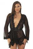 Eyelash Lace Robe with Satin Sach and G-String - Black -