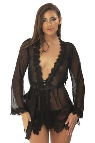 Eyelash Lace Robe with Satin Sach and G-String - Black -