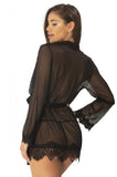 Eyelash Lace Robe with Satin Sach and G-String - Black -