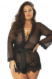 Eyelash Lace Robe with Satin Sach and G-String - Black -