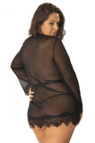 Eyelash Lace Robe with Satin Sach and G-String - Black -