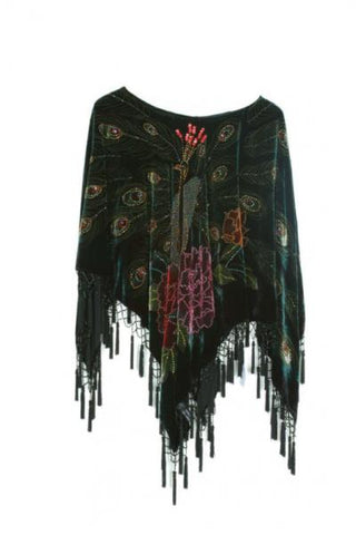 Velvet Peacock Poncho with Beads - Black - One Size