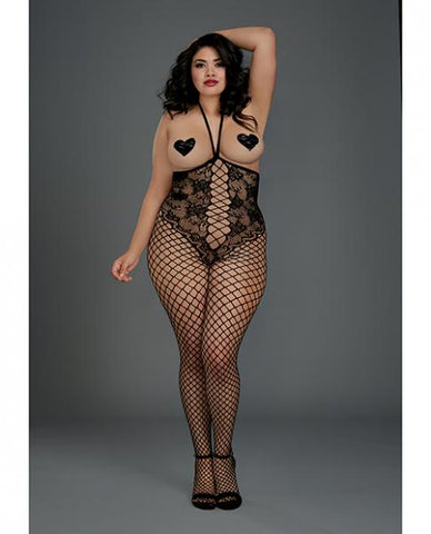 Crotchless Open Cup "Teddy" Bodystocking - Black - Queen Size