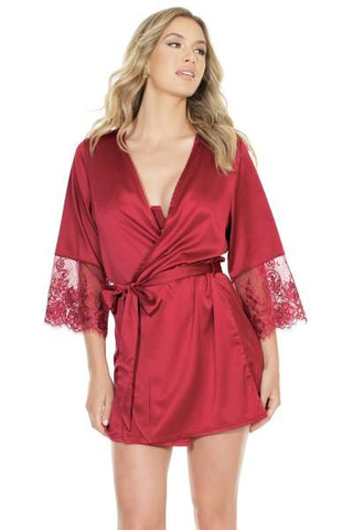 Satin Robe with Lace Finish - Merlot - One Size