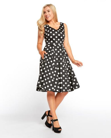 Fit & Flare V-Neck Dot Dress - Black -