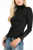Ribbed Knit Turtleneck Top with Button Sleeve - Black -