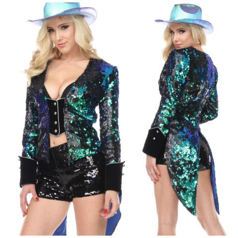 Sequin Tailcoat - Peacock Blue/Black -