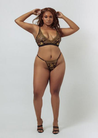 Lioness Embroidered G-String - Black/Gold -
