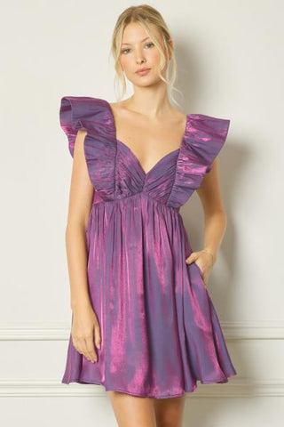 Metallic Puffed Out Sleeves Dress - Grape -