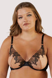 Tiger Mesh Embroidered Plunge Bra - Peach/Black -