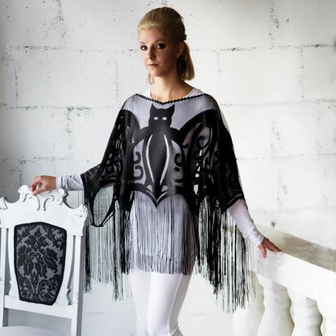 Bats Fringe Lace Poncho - Black - One Size