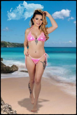 Paillette Bikini Set - Pink - One Size