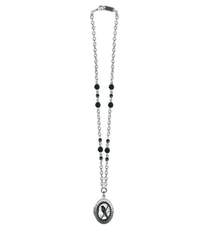 Small Crow Oval Pop Art Locket Necklace - Jet Faceted Glass Beads