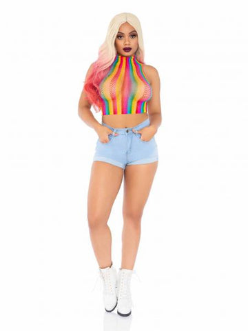 Net High Neck Crop Top - Rainbow - One Size