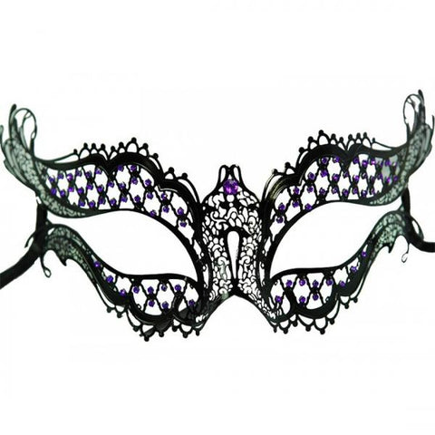 Venetian Metal Mask with Purple Stones - Black