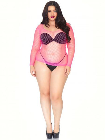 Fishnet Long Sleeve Top - Neon Pink - Size 1/2X