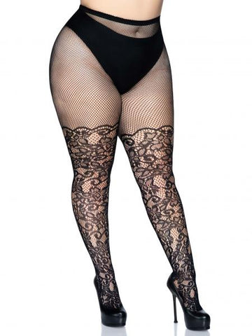 Floral Vine Net Pantyhose - Black - One Size/Queen