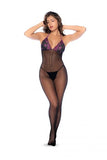 Fishnet and Lace Bodystocking Set - Black/Purple - One Size