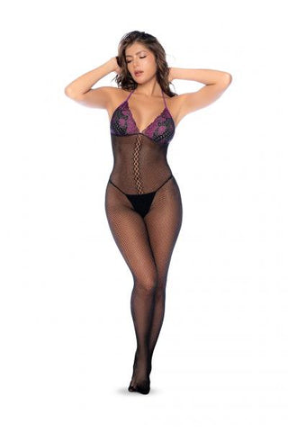 Fishnet and Lace Bodystocking Set - Black/Purple - One Size