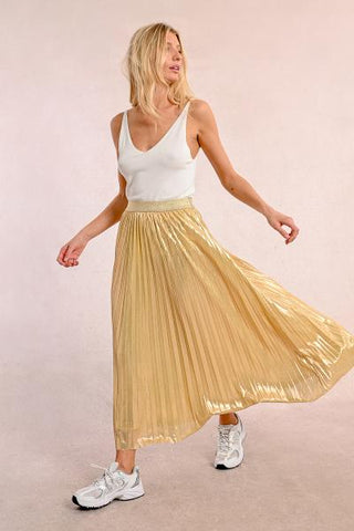 Long Pleated and Iridescent Skirt - Gold -