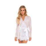 Eyelash Lace Robe with Satin Sach and G-String - White -