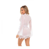 Eyelash Lace Robe with Satin Sach and G-String - White -