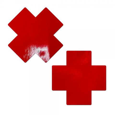 Pastease - Faux Latex Pleather X Full Breast Covers Support Tape - Red