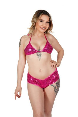 Sequin Booty Shorts and Top Set - Fuchsia - One Size