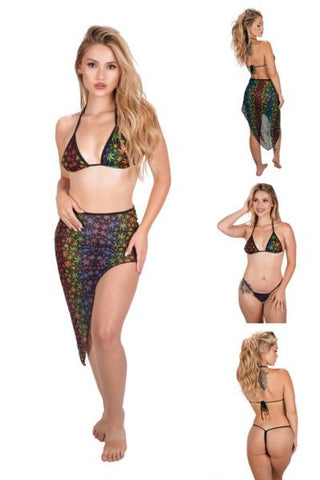Three Piece Marijuana Leaves Top, Bottom & Skirt Set - Black Multi - One Size