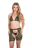 Three Piece Marijuana Print Top, Bottom and Champ Shorts - Black/Green - One Size