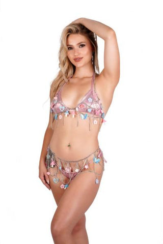 Fairy Mushroom, Flower and Butterflies Bra and Belt Set - Multi - One Size